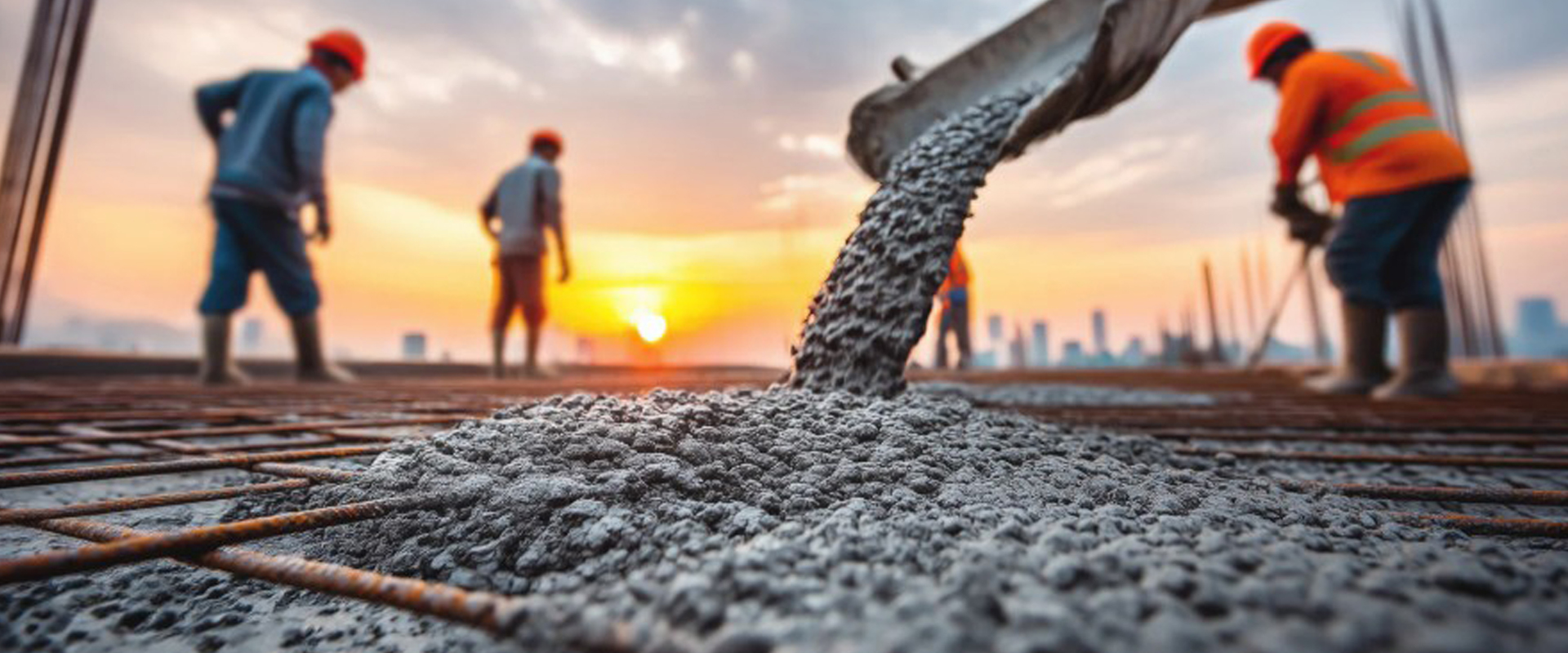 Concrete pouring on construction site at sunset