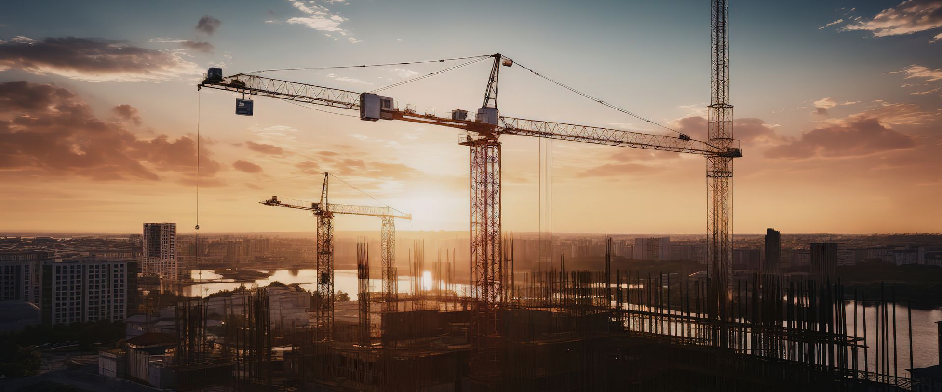 Construction workers silhouetted against sunset sky